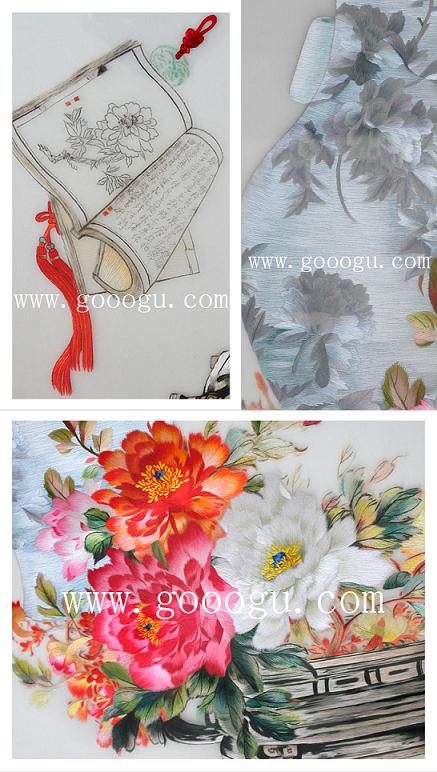 刺繡畫(huà)細(xì)節(jié)照片，牡丹古代題材蘇繡精品