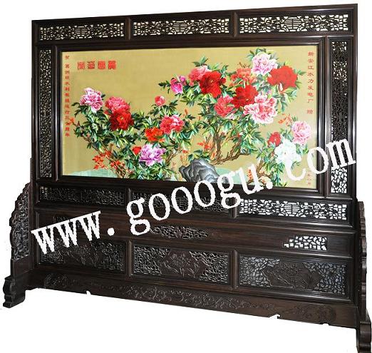 葛洲壩水利工程大廳屏風(fēng)：蘇繡屏風(fēng)，嬌古蘇繡，榮華富貴屏風(fēng)